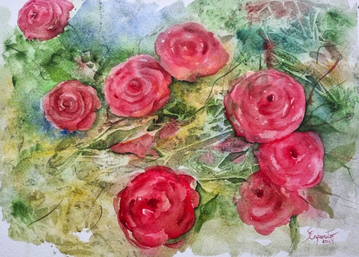 Schilderij getiteld "Rosas Vermelhas" door Solange Esposito (SEsposito), Origineel Kunstwerk, Aquarel