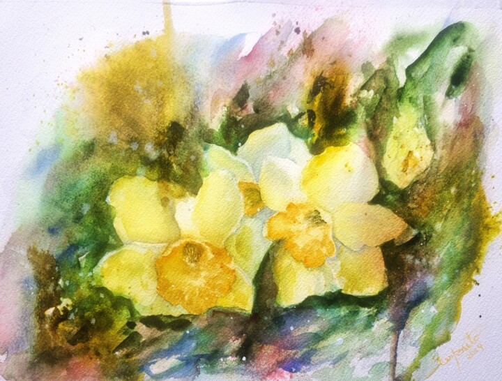 Painting titled "Narcisos Amarelos" by Solange Esposito (SEsposito), Original Artwork, Watercolor
