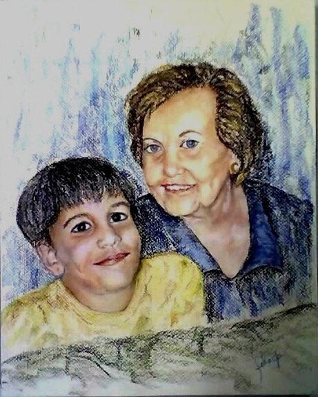 Рисунок под названием "Marcos e la Nonna E…" - Solange Esposito (SEsposito), Подлинное произведение искусства, Пастель