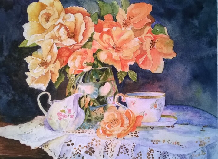 Pintura intitulada "Rosas Laranja" por Solange Esposito (SEsposito), Obras de arte originais, Aquarela