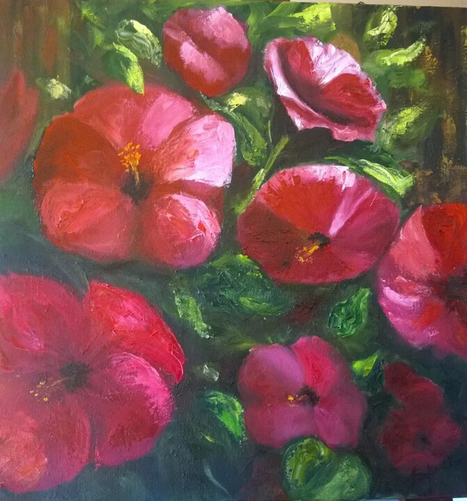 Painting titled "Hibiscos" by Solange Esposito (SEsposito), Original Artwork, Oil