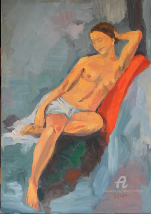 Painting titled "Odalisque" by Chéker, Original Artwork, Oil Mounted on Wood Stretcher frame