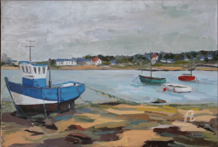 Painting titled "mouillage à l'Ile G…" by Chéker, Original Artwork, Oil Mounted on Wood Stretcher frame