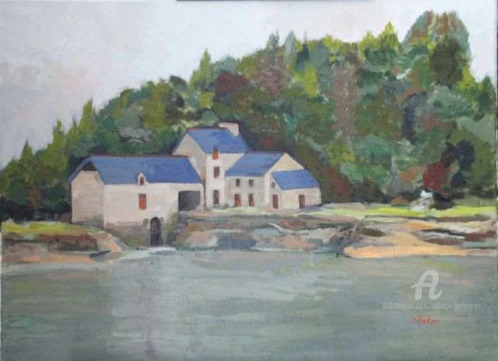 Peinture intitulée "Moulin à marée sur…" par Chéker, Œuvre d'art originale, Huile Monté sur Châssis en bois