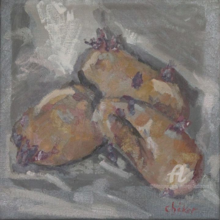 Painting titled "Les pommes de terre…" by Chéker, Original Artwork, Oil Mounted on Wood Stretcher frame