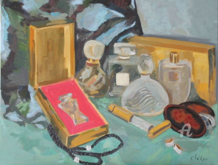 Painting titled "Parfums et Féminité" by Chéker, Original Artwork, Oil Mounted on Wood Stretcher frame