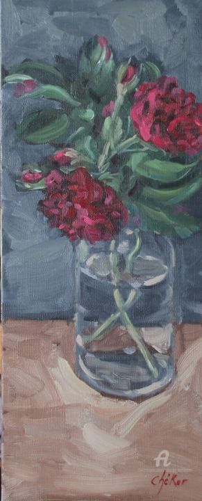 Painting titled "Roses pourpres et b…" by Chéker, Original Artwork, Oil Mounted on Wood Stretcher frame