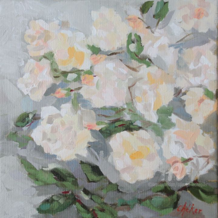 Painting titled "Les Roses abricot G…" by Chéker, Original Artwork, Oil