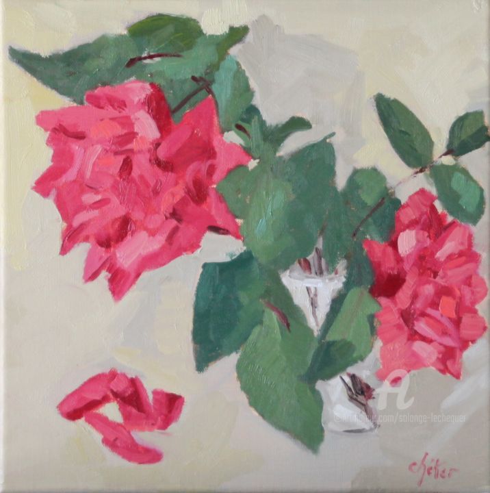 绘画 标题为“Les Roses Général S…” 由Chéker, 原创艺术品, 油 安装在木质担架架上