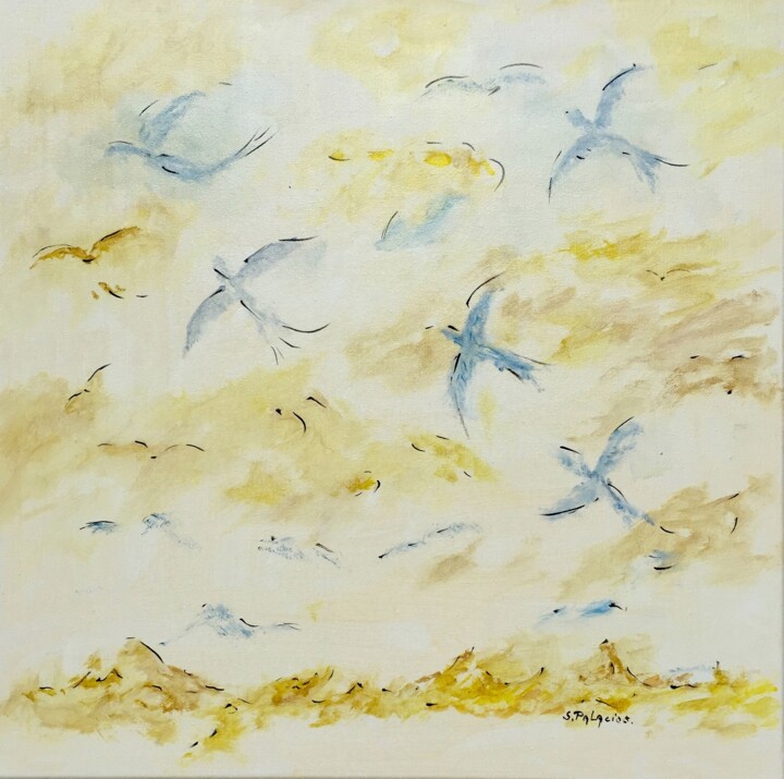 Peinture intitulée "Les oiseaux, messag…" par Solange Palacios Dupont, Œuvre d'art originale, Huile Monté sur Châssis en bois
