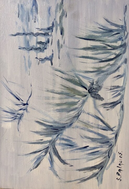 Peinture intitulée "Le pin bleu" par Solange Palacios Dupont, Œuvre d'art originale, Huile Monté sur Panneau de bois