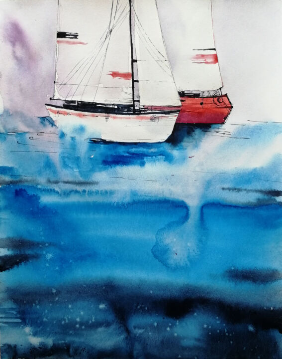 Painting titled "Лодки 2" by Marina Zhukova, Original Artwork, Watercolor