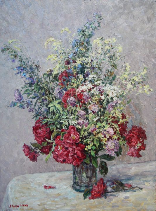 Painting titled "Полевые цветы и розы" by Andrey Soldatenko, Original Artwork, Oil