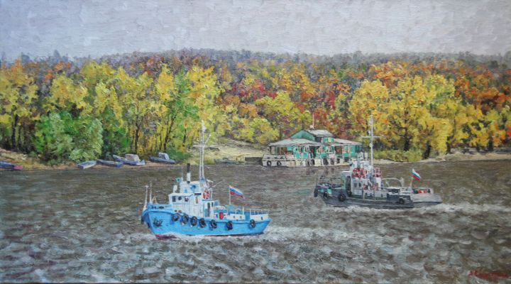 Painting titled "Осень на Волге" by Andrey Soldatenko, Original Artwork, Oil