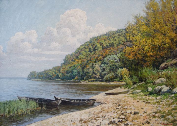 Painting titled "Осенний день на Вол…" by Andrey Soldatenko, Original Artwork, Oil