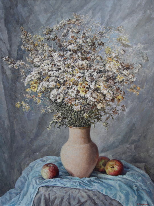 Painting titled "Натюрморт с букетом…" by Andrey Soldatenko, Original Artwork, Oil