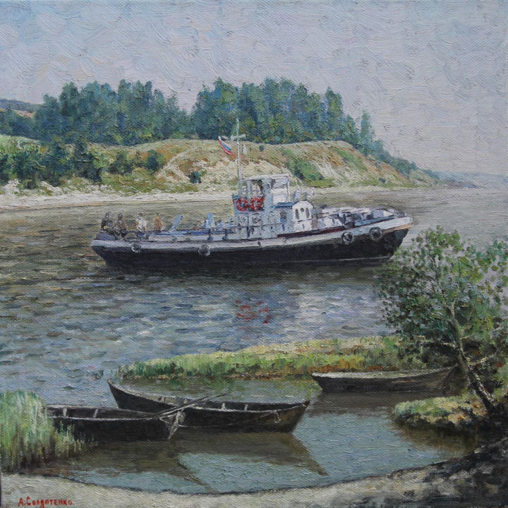 Painting titled "Полдень на Волге" by Andrey Soldatenko, Original Artwork, Oil