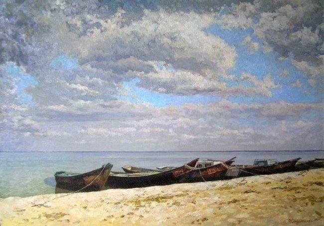 Painting titled "Fishing boats on th…" by Andrey Soldatenko, Original Artwork, Oil