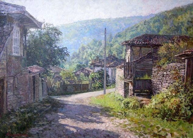 Painting titled "Morning in the vill…" by Andrey Soldatenko, Original Artwork, Oil