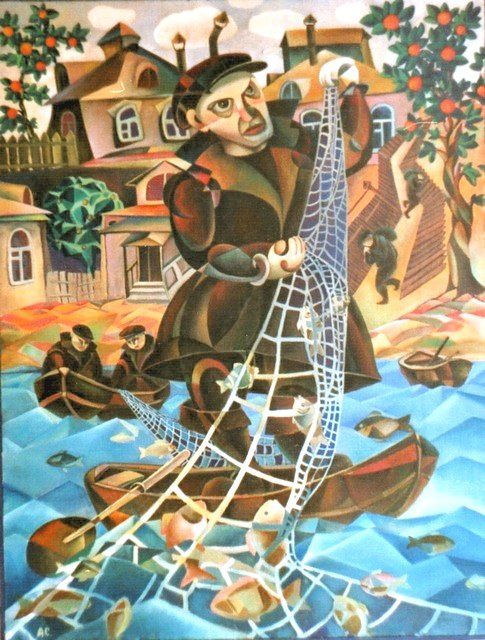 Картина под названием "Fisherman" - Andrey Soldatenko, Подлинное произведение искусства, Масло