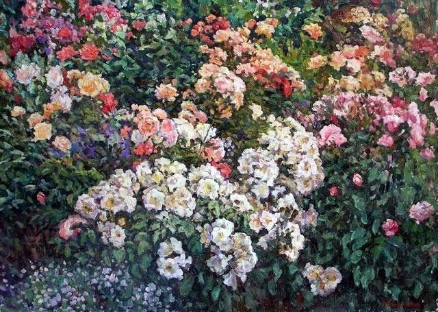 Painting titled "Roses in the garden" by Andrey Soldatenko, Original Artwork, Oil