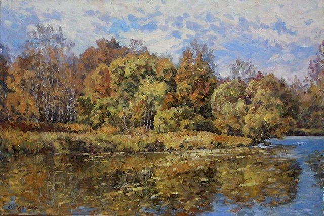 Painting titled "Gold autumn" by Andrey Soldatenko, Original Artwork, Oil