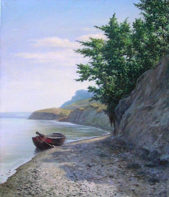 Картина под названием "Landscape with boat" - Andrey Soldatenko, Подлинное произведение искусства, Масло