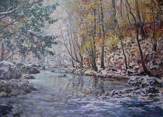 Painting titled "River in winter" by Andrey Soldatenko, Original Artwork, Oil