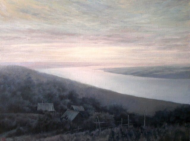 Schilderij getiteld "Morning on the Volga" door Andrey Soldatenko, Origineel Kunstwerk, Olie