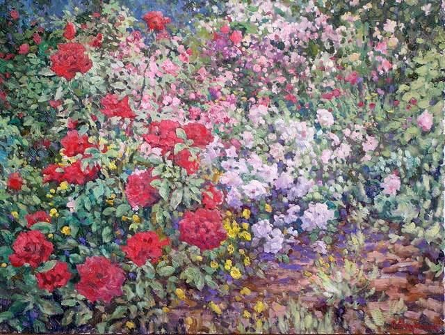 Malarstwo zatytułowany „Flowers in the Gard…” autorstwa Andrey Soldatenko, Oryginalna praca, Olej