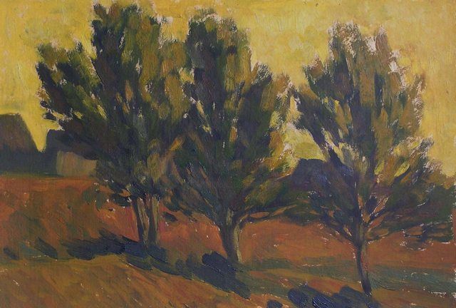 Painting titled "Evening Trees" by Andrey Soldatenko, Original Artwork, Oil