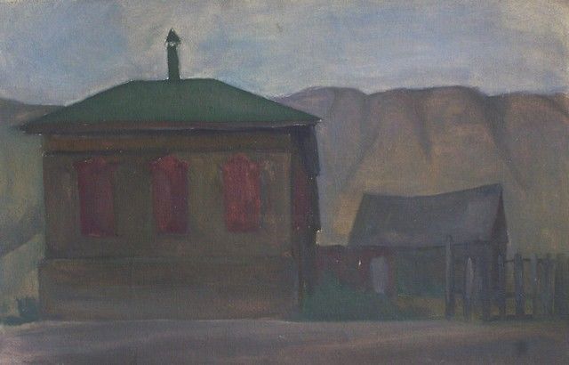Картина под названием "House with red shut…" - Andrey Soldatenko, Подлинное произведение искусства, Масло