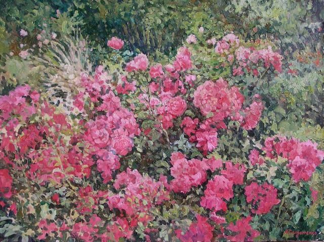 Pittura intitolato "Rosebush" da Andrey Soldatenko, Opera d'arte originale, Olio