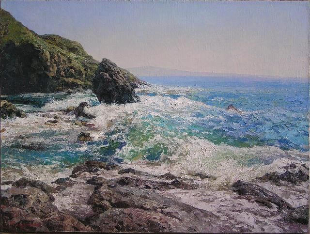 Painting titled "Ocean waves beating…" by Andrey Soldatenko, Original Artwork, Oil