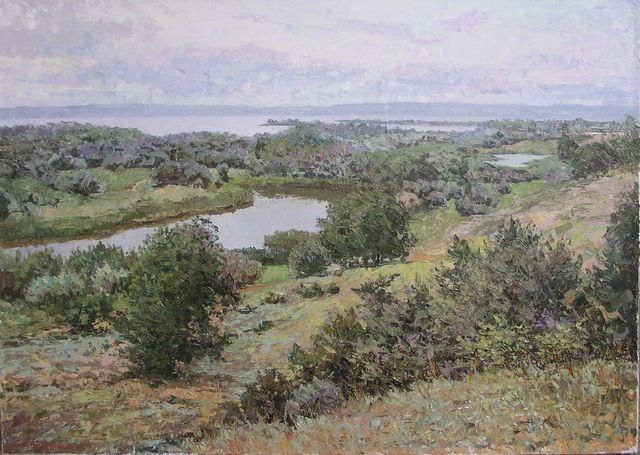 Картина под названием "View on the Volga.…" - Andrey Soldatenko, Подлинное произведение искусства, Масло