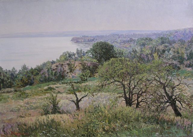 Pintura titulada "Shore of the Volga.…" por Andrey Soldatenko, Obra de arte original, Oleo