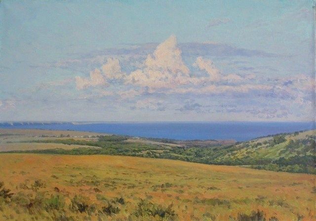 Painting titled "Cloud over the rive…" by Andrey Soldatenko, Original Artwork, Oil