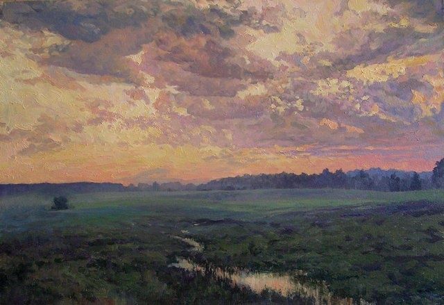 Schilderij getiteld "Evening on the mead…" door Andrey Soldatenko, Origineel Kunstwerk, Olie