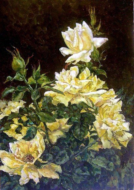 Картина под названием "Yellow roses" - Andrey Soldatenko, Подлинное произведение искусства, Масло
