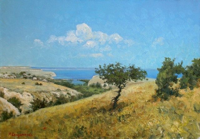 Painting titled "Midday on the Volga" by Andrey Soldatenko, Original Artwork, Oil