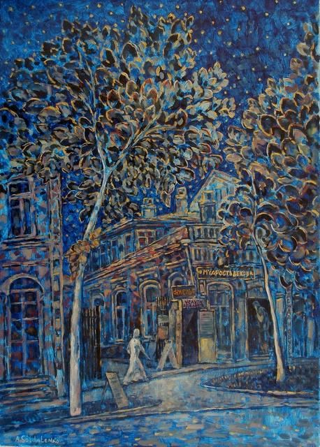 Painting titled "Night town" by Andrey Soldatenko, Original Artwork, Other