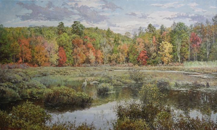 Peinture intitulée "Пейзаж с цаплями" par Andrey Soldatenko, Œuvre d'art originale, Huile