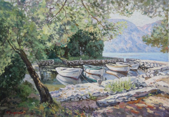 Картина под названием "Пейзаж с лодками" - Andrey Soldatenko, Подлинное произведение искусства, Масло