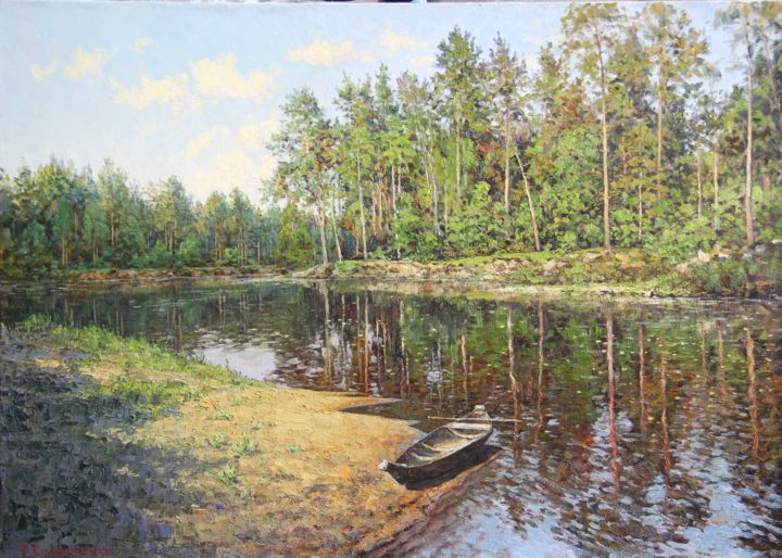 Painting titled "Пейзаж с лодкой" by Andrey Soldatenko, Original Artwork, Oil
