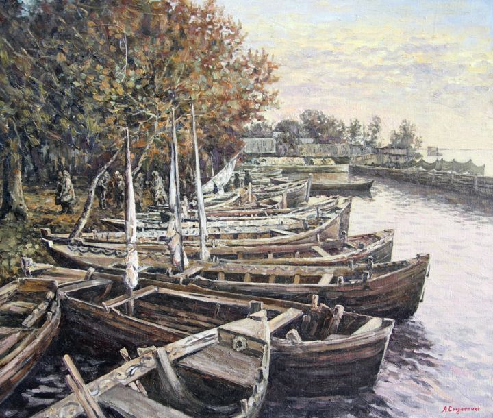 Painting titled "Boats" by Andrey Soldatenko, Original Artwork, Oil