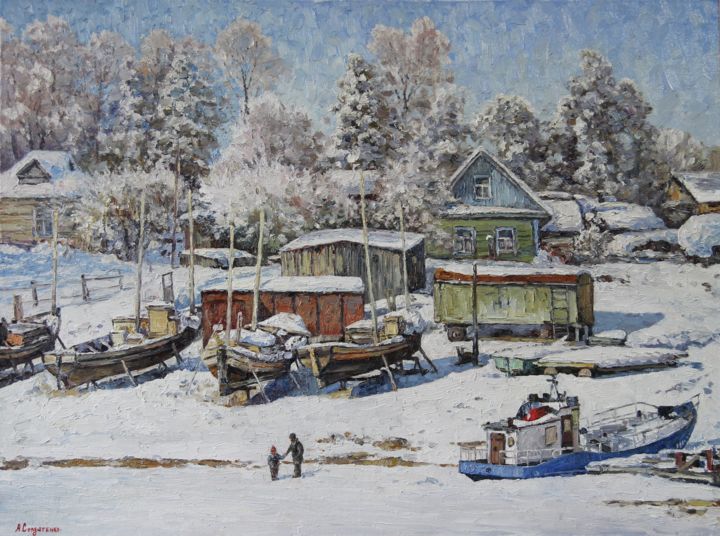 Peinture intitulée "Пришла зима" par Andrey Soldatenko, Œuvre d'art originale, Huile