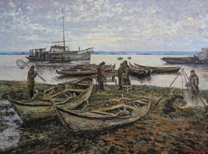 Painting titled "На Волге" by Andrey Soldatenko, Original Artwork, Oil