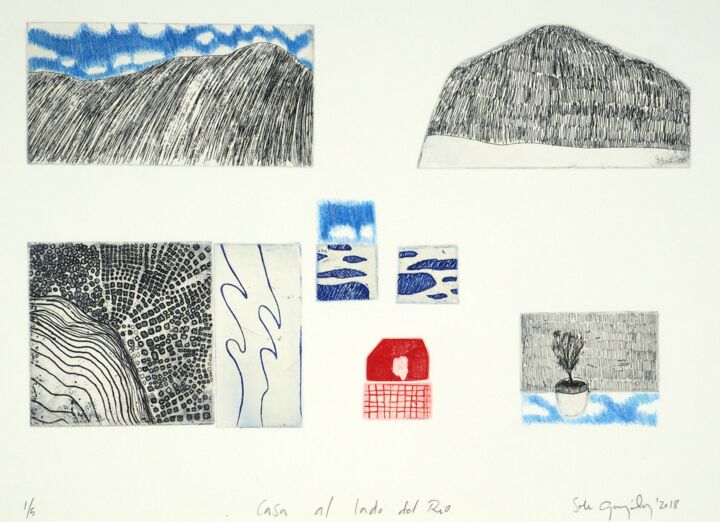 Obrazy i ryciny zatytułowany „Casa al lado del río” autorstwa Soledad González, Oryginalna praca, Akwaforta