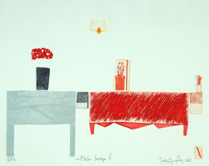 Gravures & estampes intitulée "Mesa larga!!" par Soledad González, Œuvre d'art originale, Eau-forte