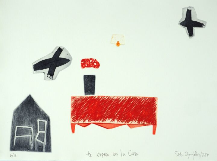 Gravures & estampes intitulée "Te espero en la casa" par Soledad González, Œuvre d'art originale, Eau-forte